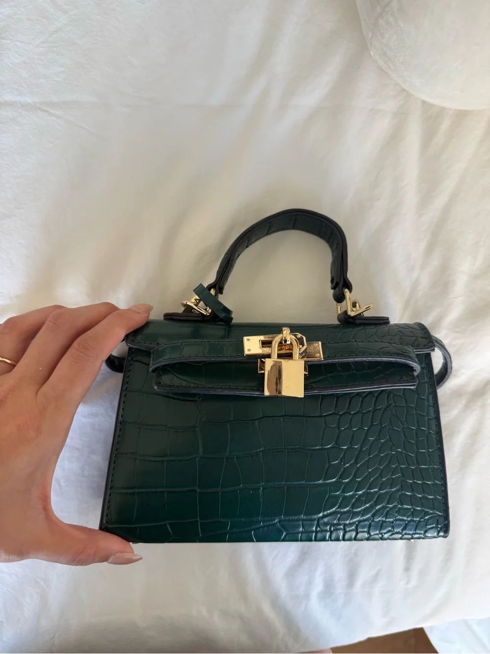 Princess Polly Dark Green Croc-Embossed Top Handle Bag with Gold Lock